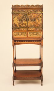 Gabinete de música y soporte con escena incrustada en cera de Orfeo encantando a los animales, diseñado por William Arthur Smith Benson y George Heywood Maunoir Sumner, c.1889